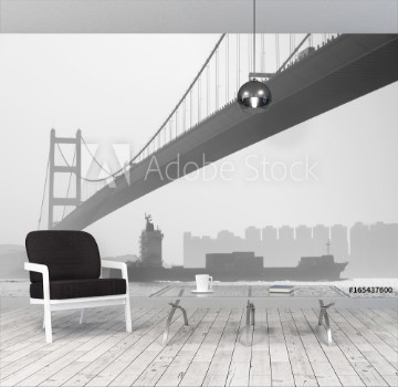 Bild på Cargo ship and Tsing Ma Bridge in Hong Kong